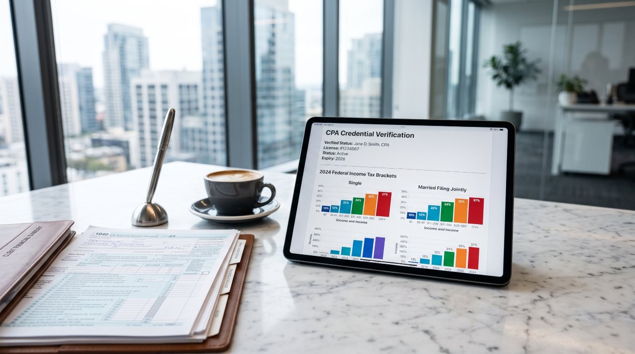 Modern tablet displaying CPA and Enrolled Agent credential verification charts on a white marble desk.