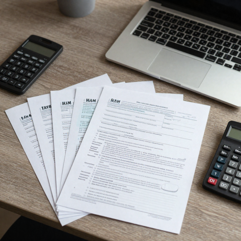 A realistic professional workspace showing individual tax filing documents, tax forms, calculator, laptop, and financial papers neatly arranged on a desk, soft lighting, clean and modern style