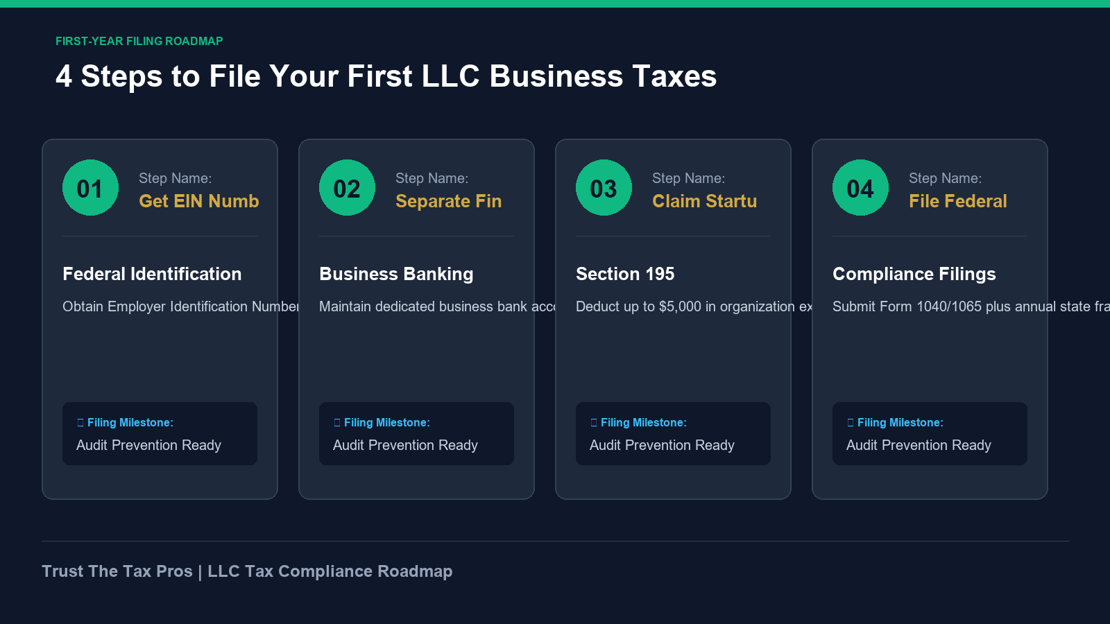 First-year LLC tax filing steps roadmap displaying EIN setup, business accounting, and state franchise fees.