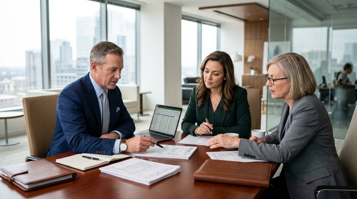 CPA vs tax preparer meeting with clients in conference room reviewing tax documents