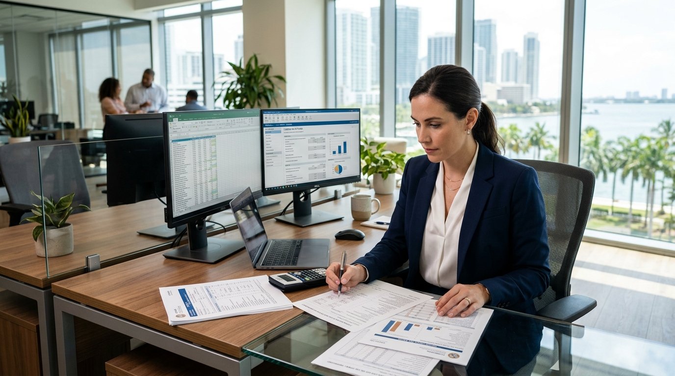 Accountant reviewing Florida sales tax filing documents and Form DR-15 worksheets