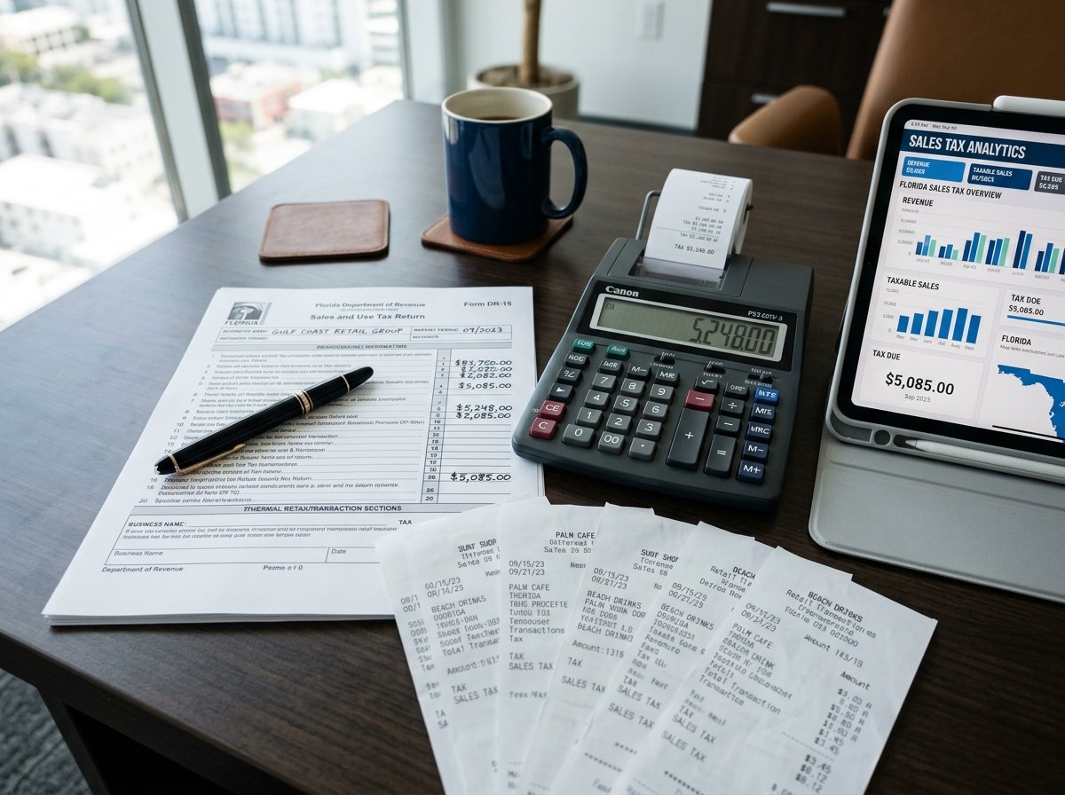 Printed Florida sales tax return form DR-15 with financial calculator and receipts