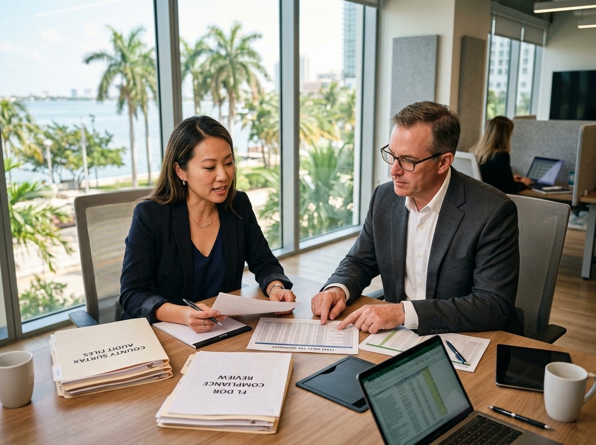 Retail business owner and CPA analyzing Florida sales tax schedules and county surtax rates