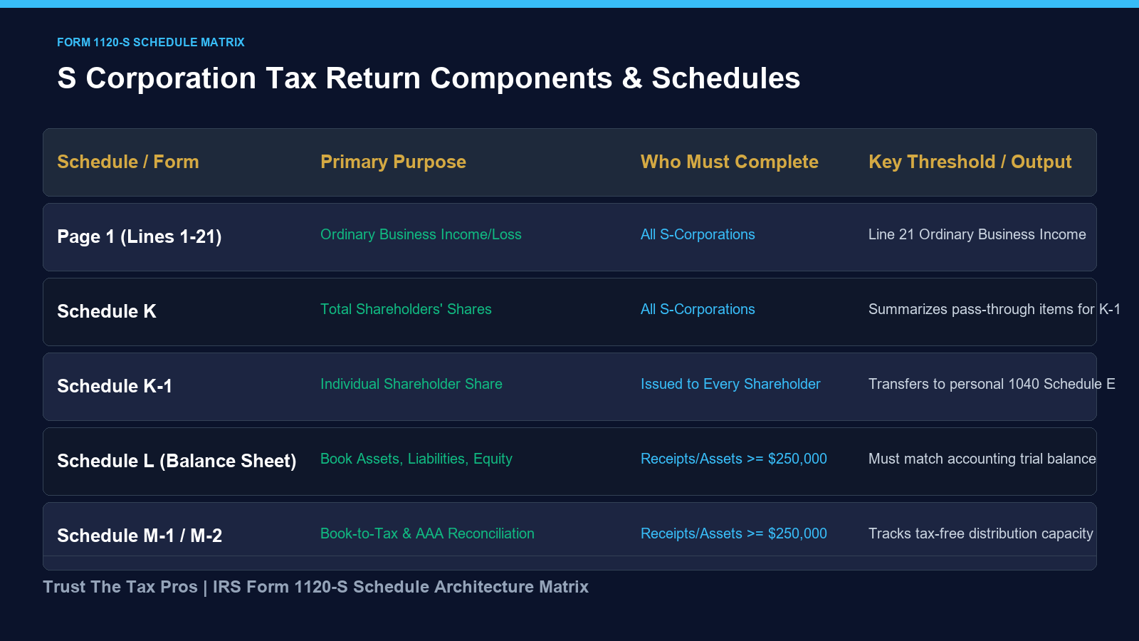 Form 1120 S schedule architecture matrix detailing Page 1 income, Schedule K, Schedule K-1, and balance sheet thresholds.