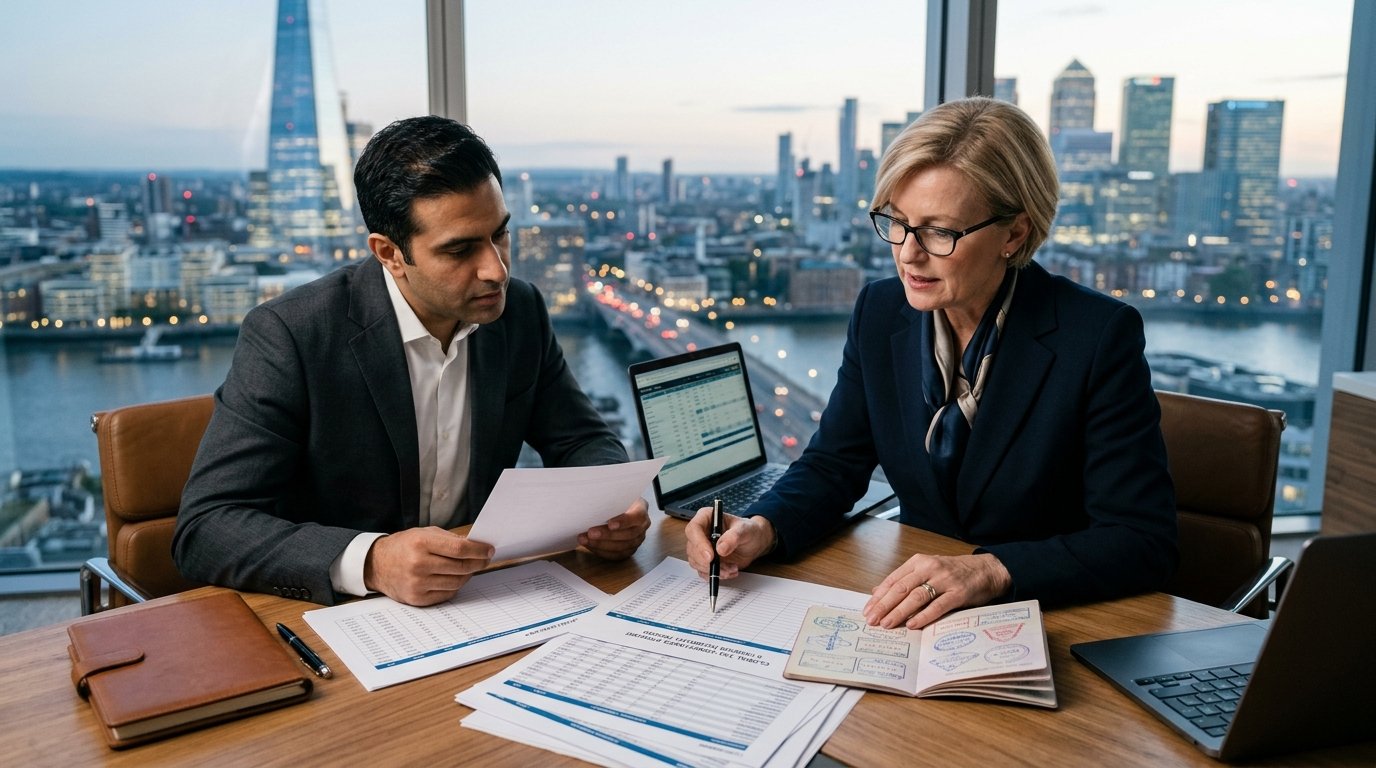 Senior international tax accountant reviewing foreign earned income and passport travel logs