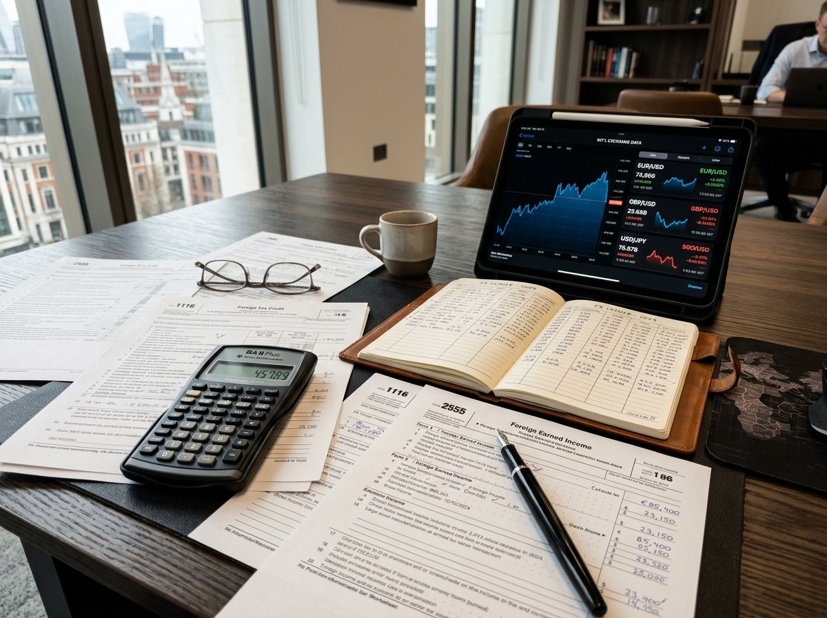 Executive desk with Form 2555 and Form 1116 foreign tax credit calculation sheets