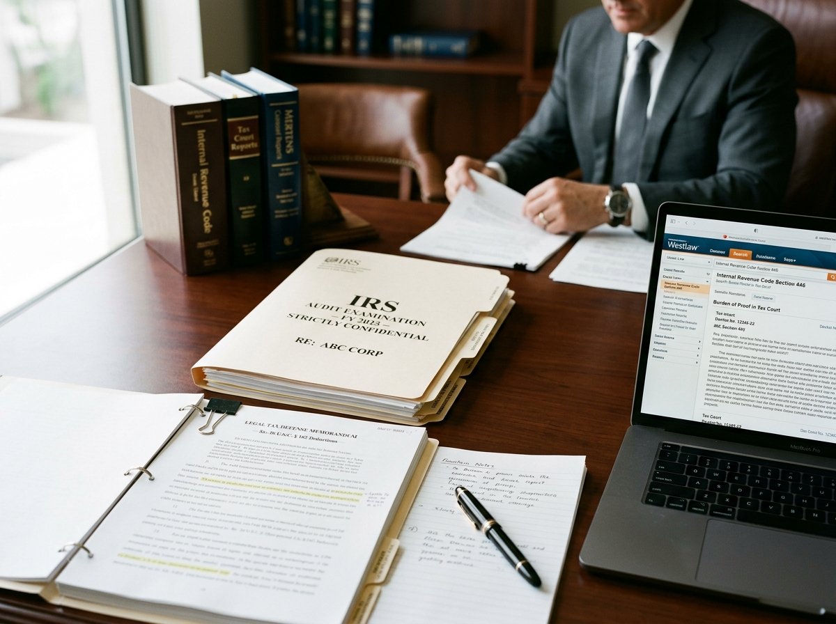 Legal desk with formal IRS audit examination folder and case law references