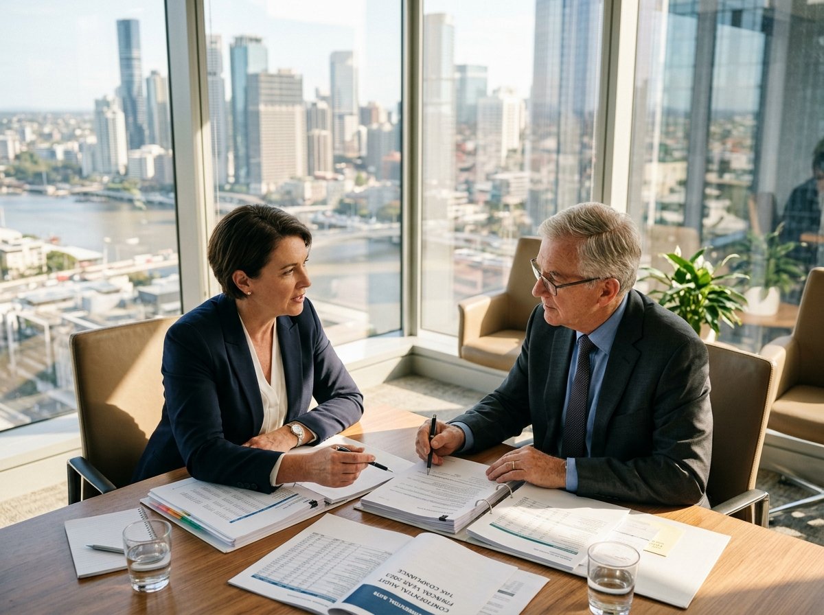 Senior IRS audit lawyer discussing corporate tax dispute strategy with business owner