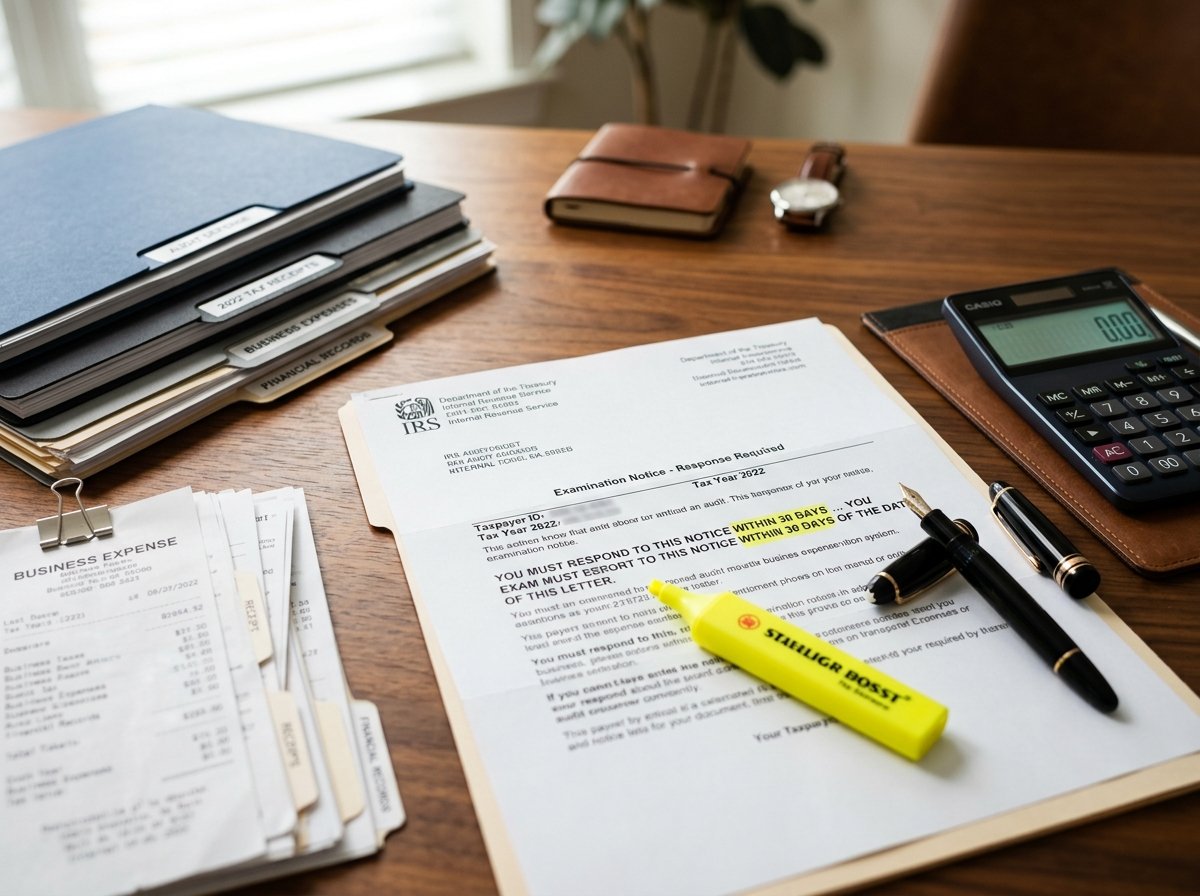 Official IRS audit examination notice letter on a wooden desk with highlighted 30-day response deadline and organized document folders