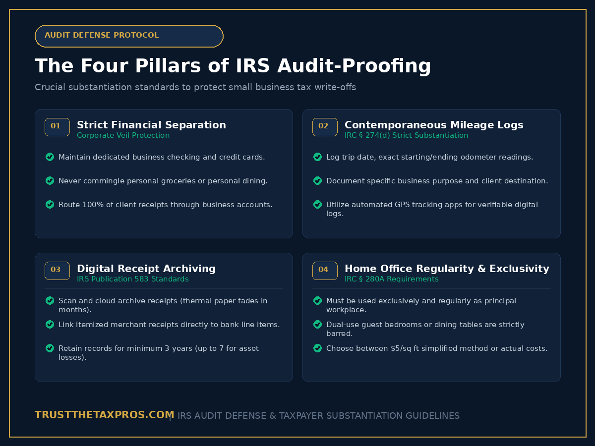 The four pillars of small business IRS audit defense covering separate bank accounts, mileage logs, receipt archiving, and home office tests