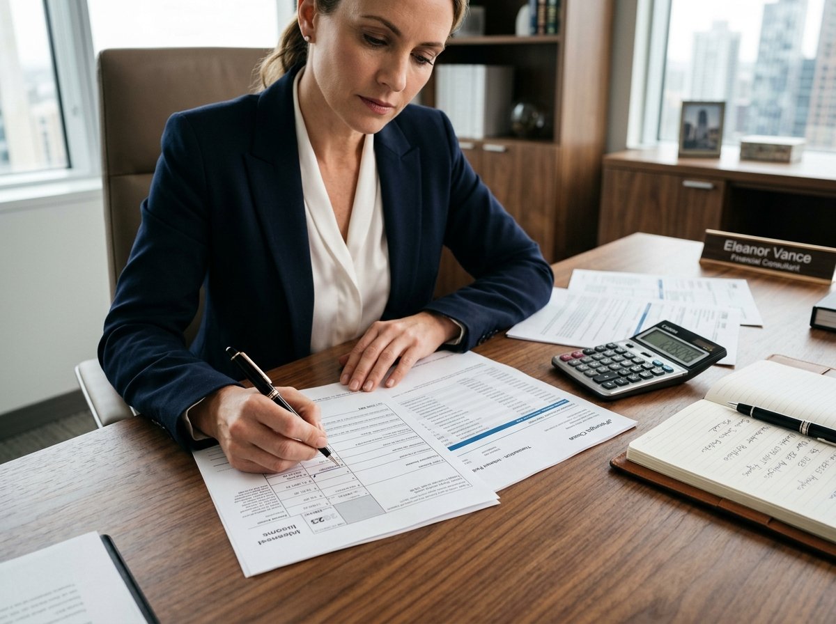 Tax consultant reviewing official IRS Form 1099-INT interest income documents and bank statements with a desktop calculator