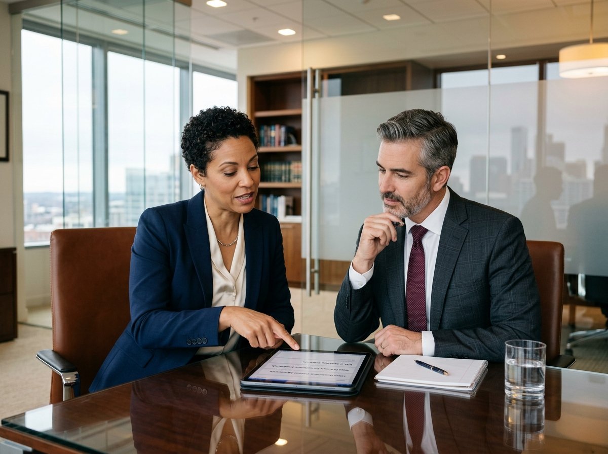 CPA managing partner and cybersecurity compliance officer examining data privacy compliance documents and SOC 2 protocols on a tablet