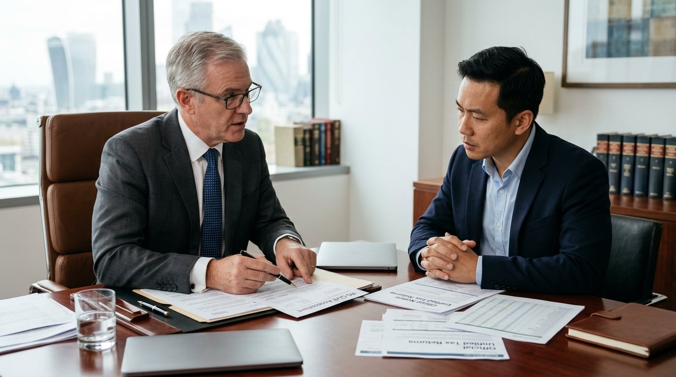 Senior tax attorney and client reviewing unfiled tax return notices and legal assessment records