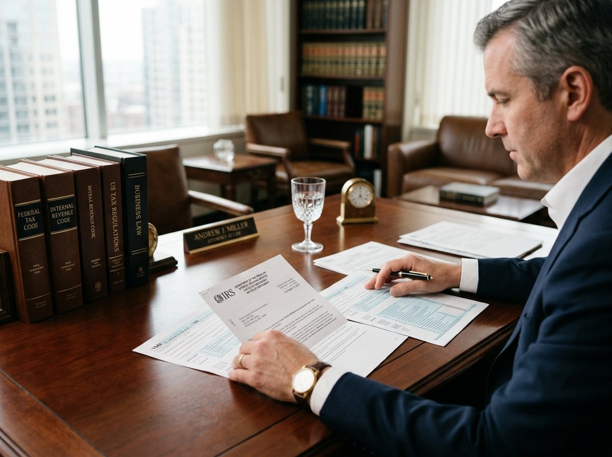 Legal desk with formal IRS Notice of Deficiency letter and tax law reference books