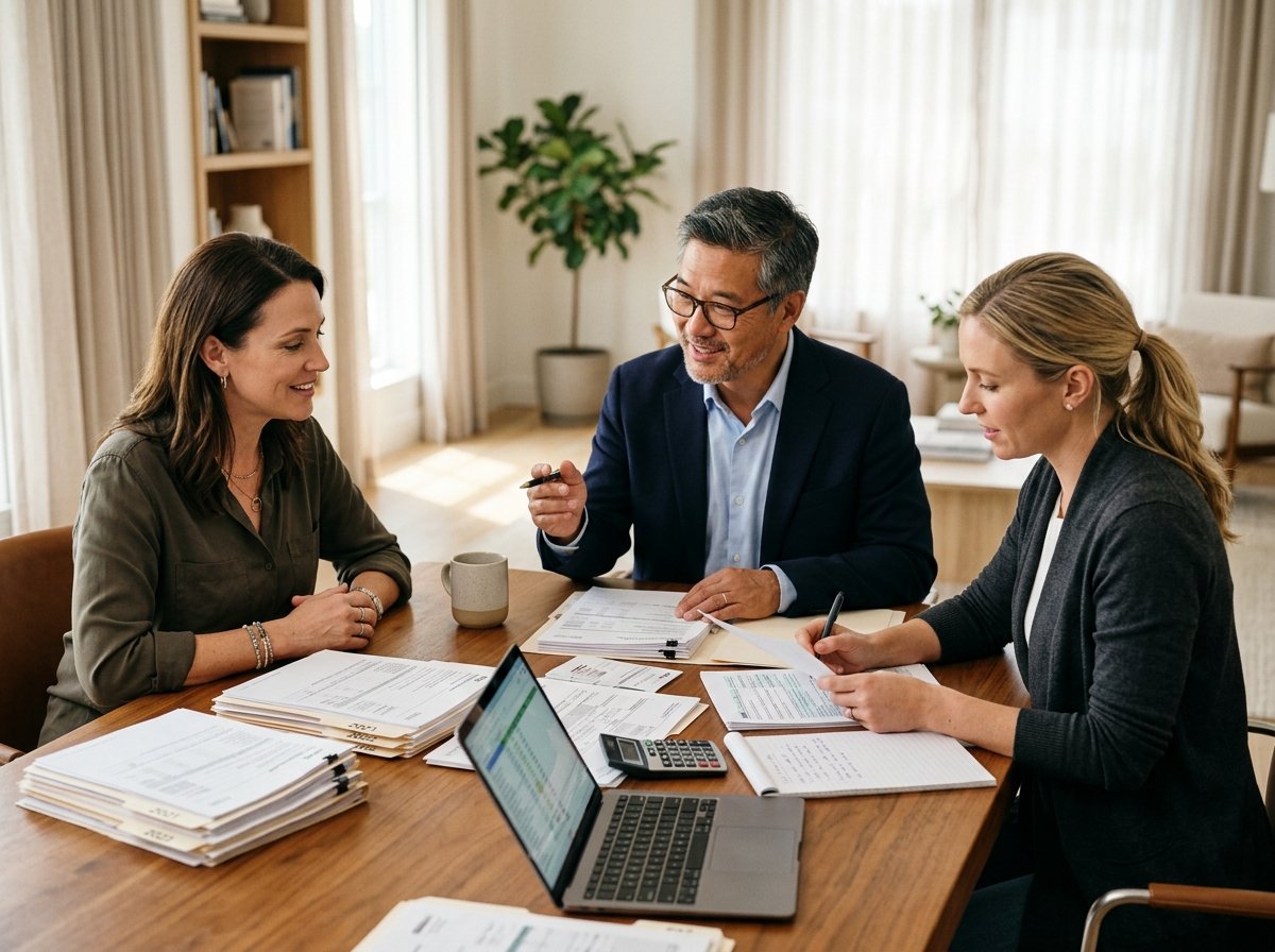 Taxpayer consulting with CPA to organize multiple years of unfiled tax returns and financial statements