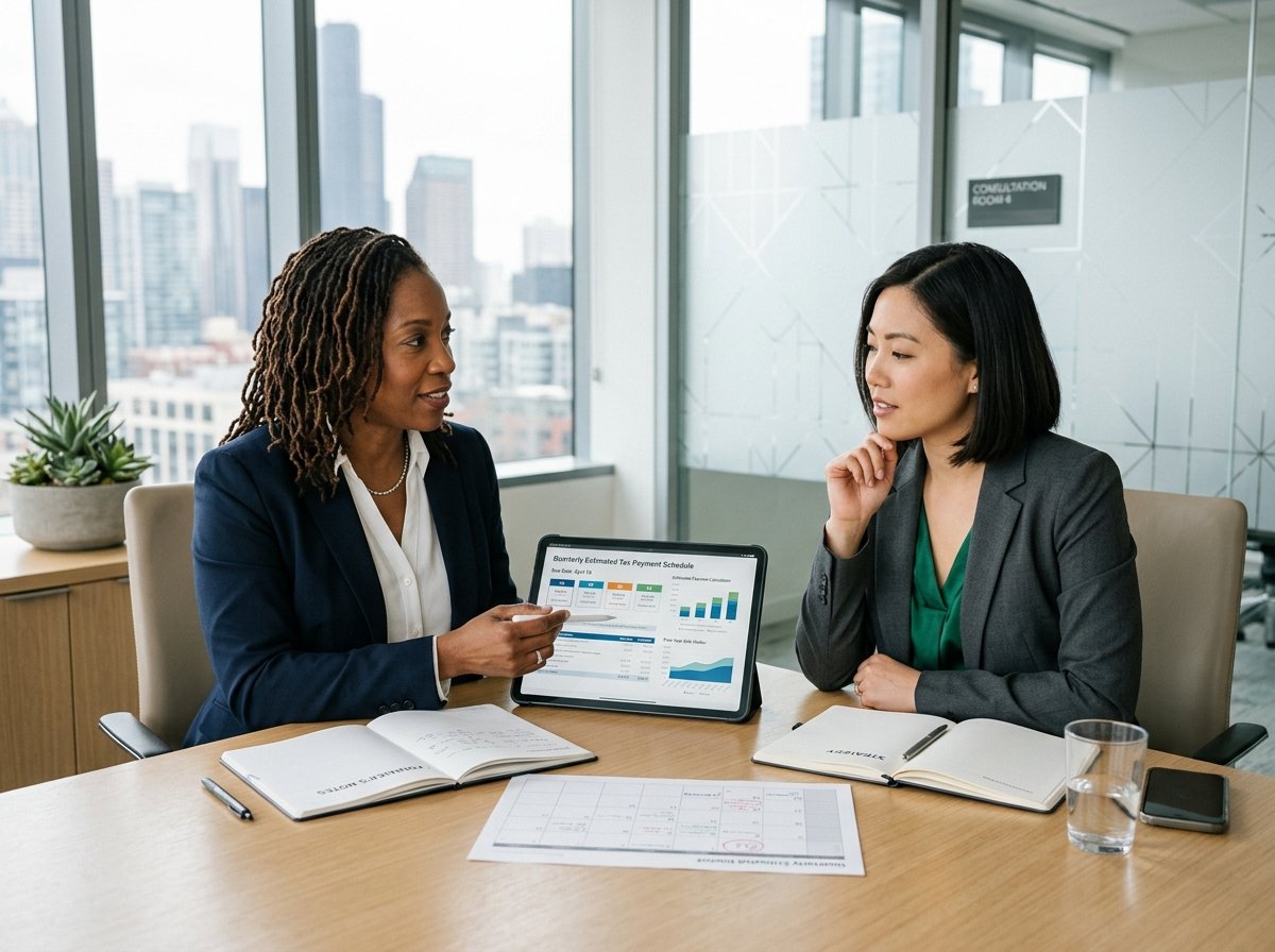 CPA and small business entrepreneur reviewing quarterly estimated tax calendar deadlines on a digital tablet in a conference room