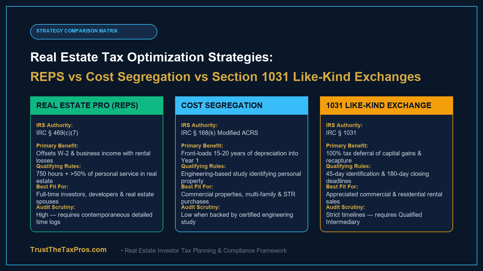 Real estate tax strategy comparison matrix showing REPS vs cost segregation vs 1031 exchange