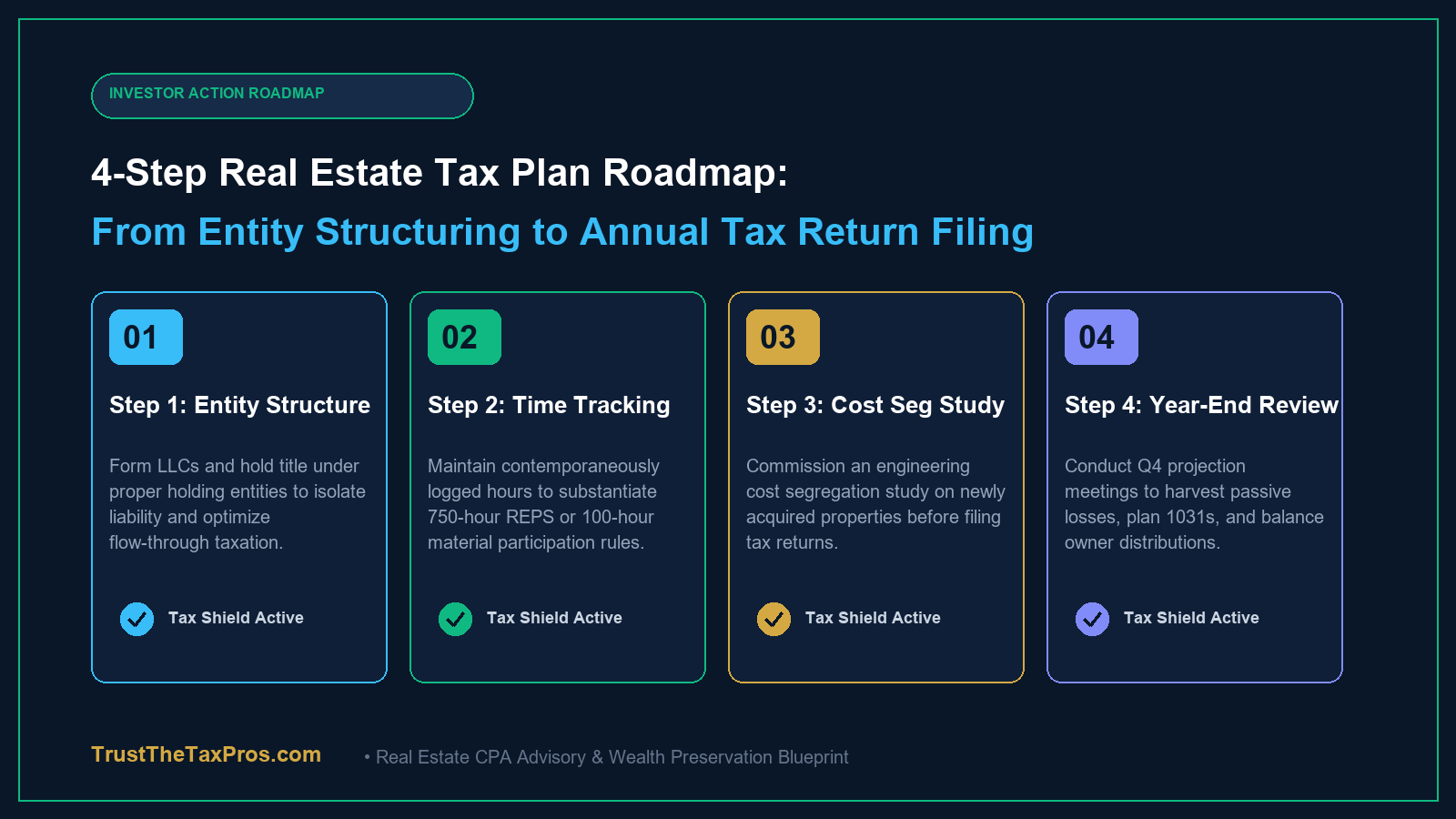 Four step real estate investor tax action roadmap showing entity structuring, time logs, cost seg, and year end reviews
