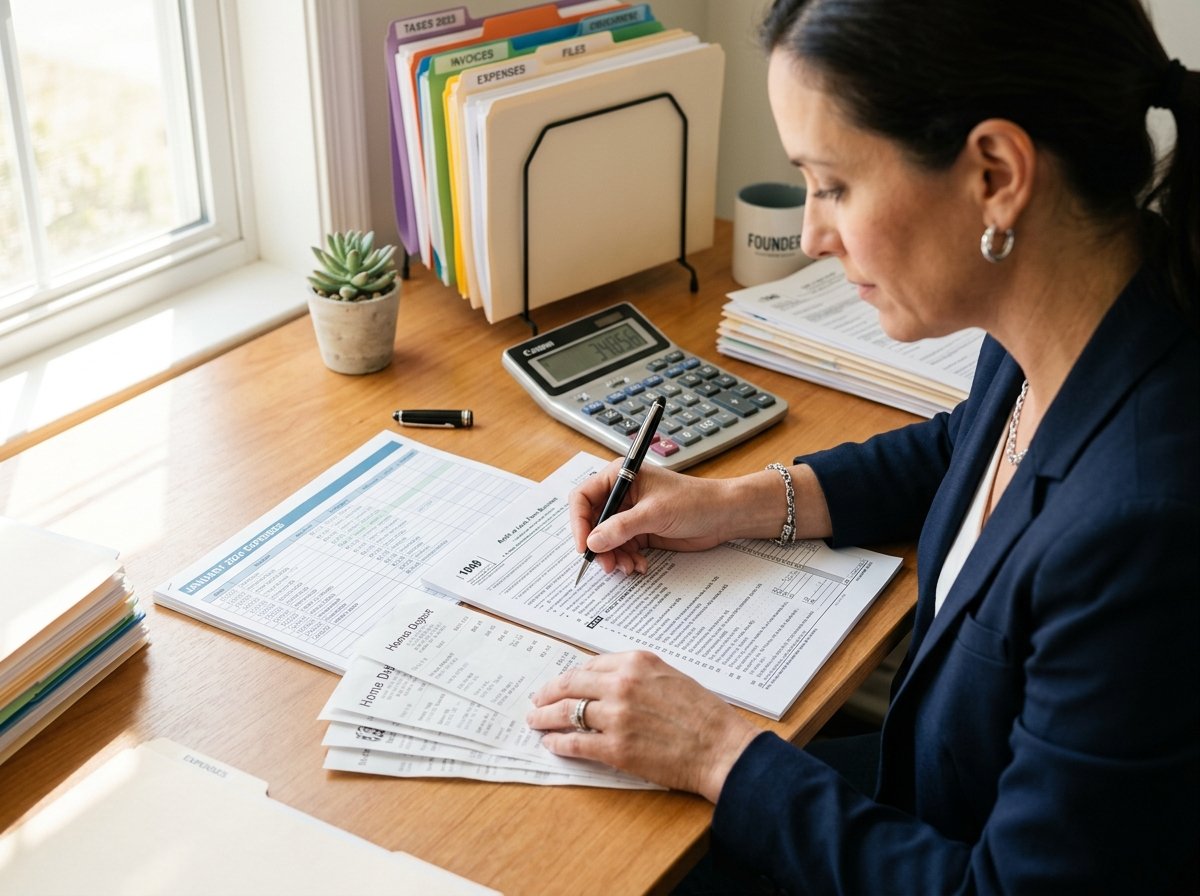 Small business founder organizing categorized expense receipts, invoice spreadsheets, and IRS Schedule C tax forms with a calculator