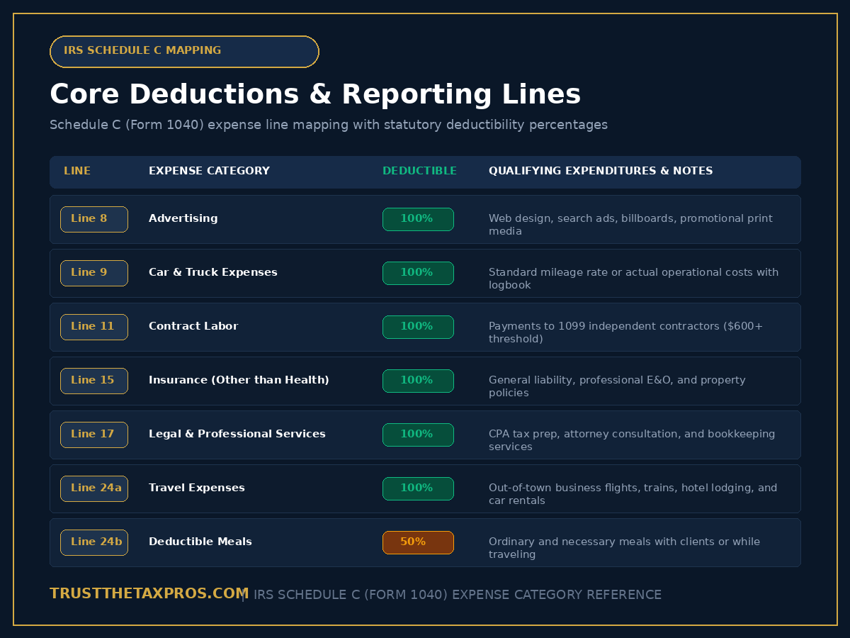 Schedule C Form 1040 line-by-line deduction reference table mapping expense categories, reporting lines, and allowable percentage rates