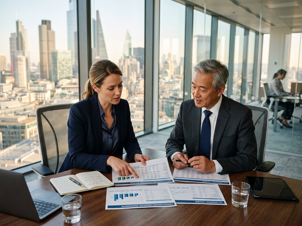 Senior tax accountant and business owner discussing corporate tax savings