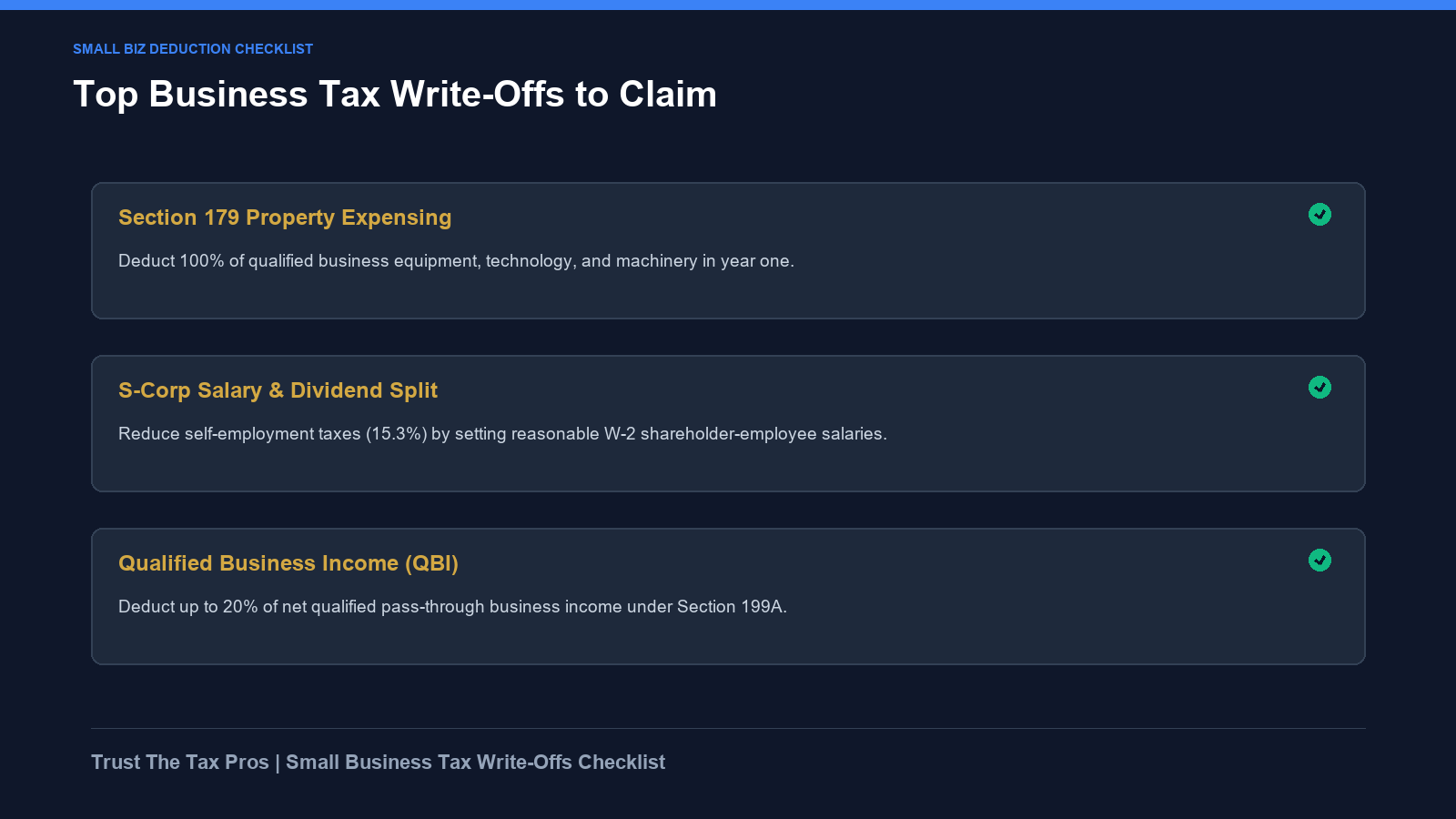Checklist of top small business tax write-offs including Section 179 and QBI deductions.