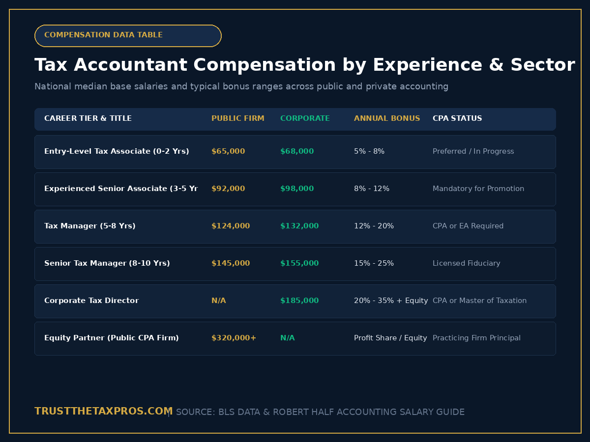Compensation data table comparing public accounting and corporate tax salaries across entry, senior, manager, and director levels