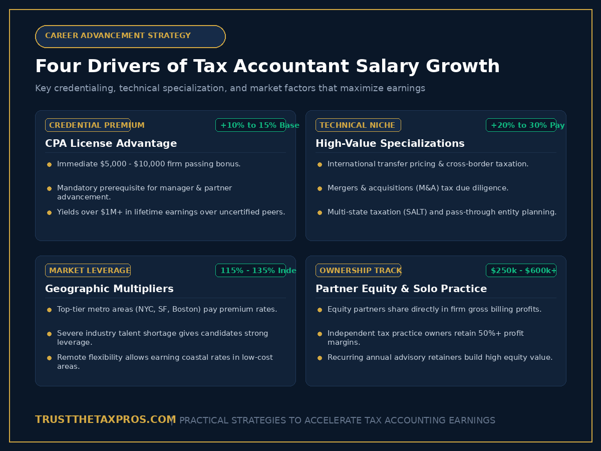 Reference card illustrating four drivers of tax accounting income growth including CPA credentials, technical niches, and partner equity