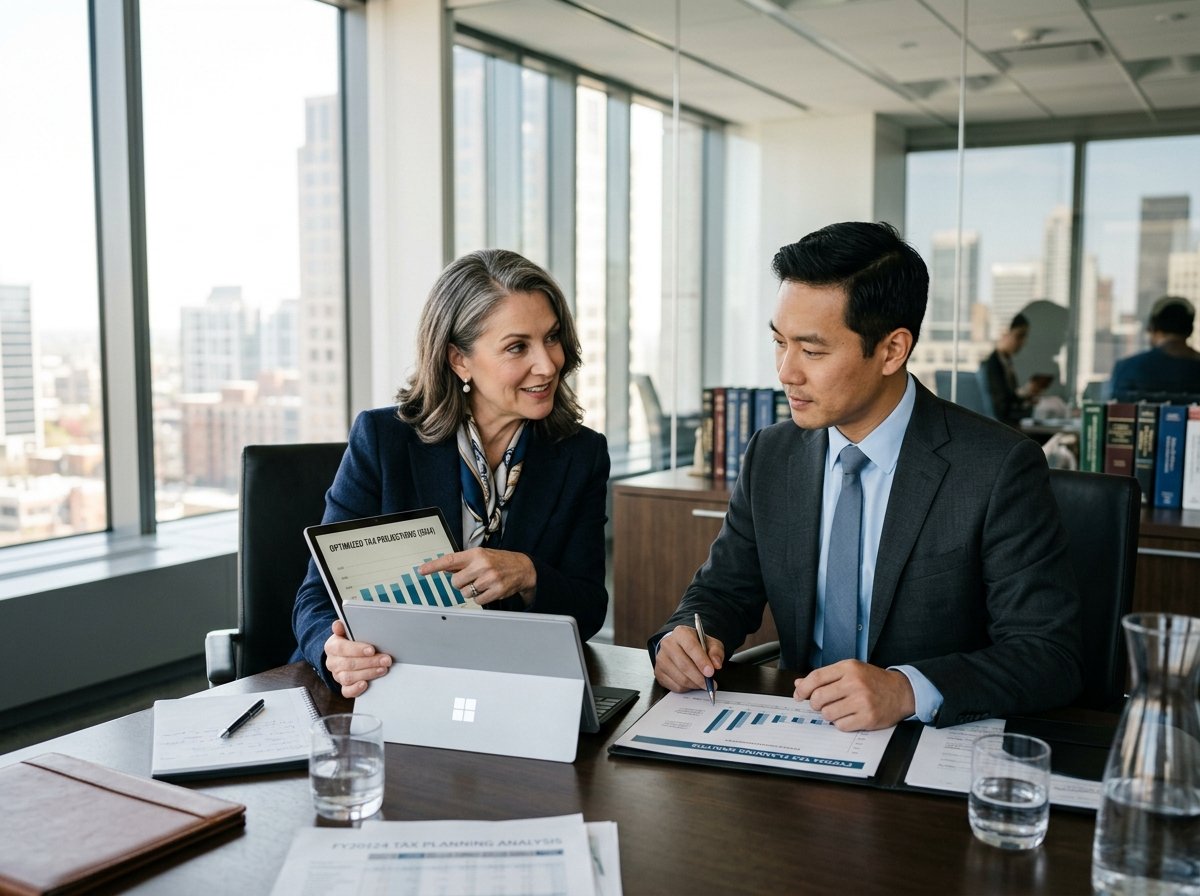 Financial advisor and client reviewing wealth management strategies, tax brackets, and Treasury bill alternatives in a conference room