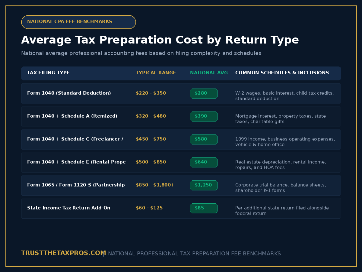 Table comparing average tax preparation fees for Form 1040, itemized Schedule A, Schedule C freelancer returns, and S Corporation filings