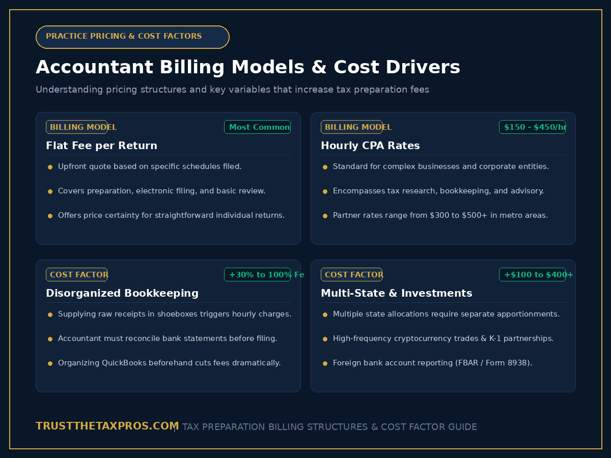 Reference card showing CPA billing structures, hourly rates, and key factors that drive tax preparation costs higher