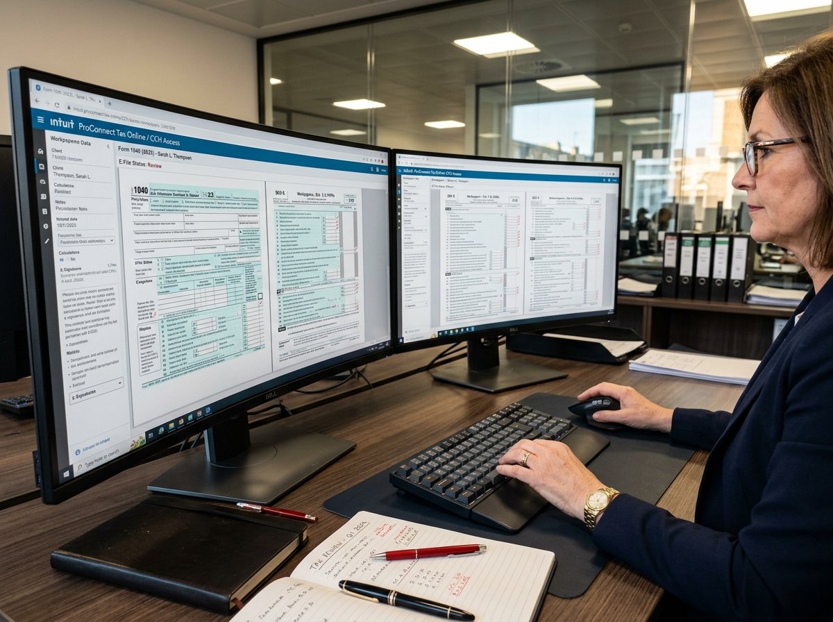 Senior tax reviewer workstation featuring dual curved monitors displaying professional tax preparation software with Form 1040 workpapers