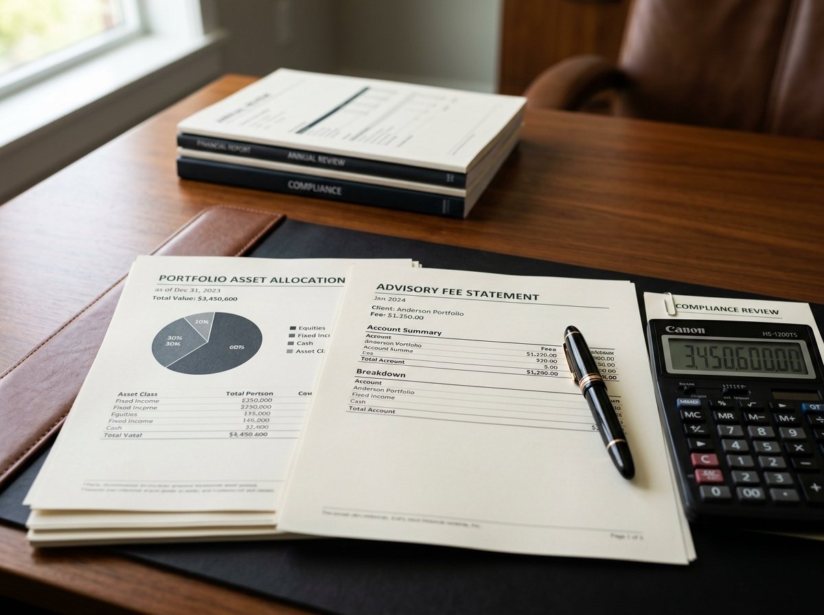 Close-up of financial advisory fee statements, portfolio asset sheets, fountain pen, and calculator on a wooden desk