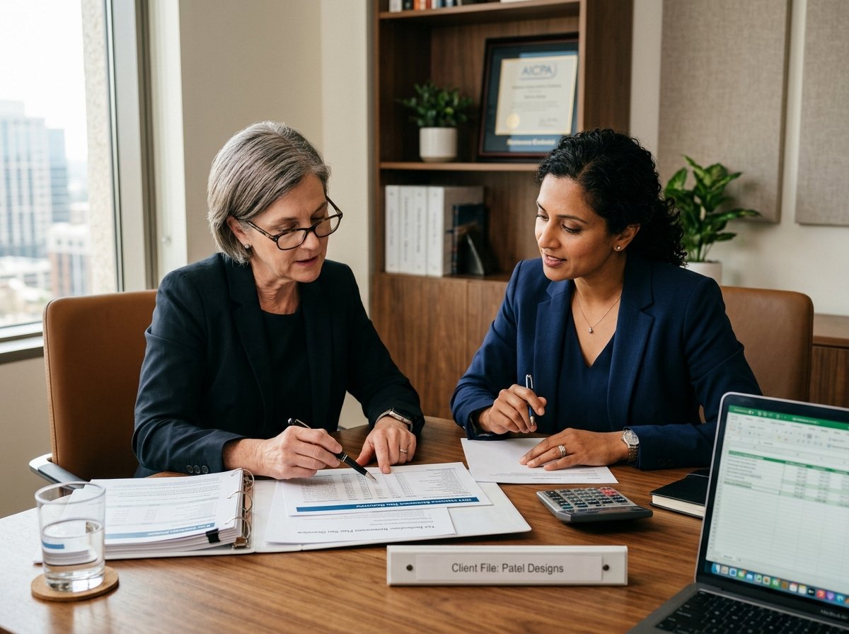 Senior CPA and small business owner reviewing corporate retirement plan documents in an executive office