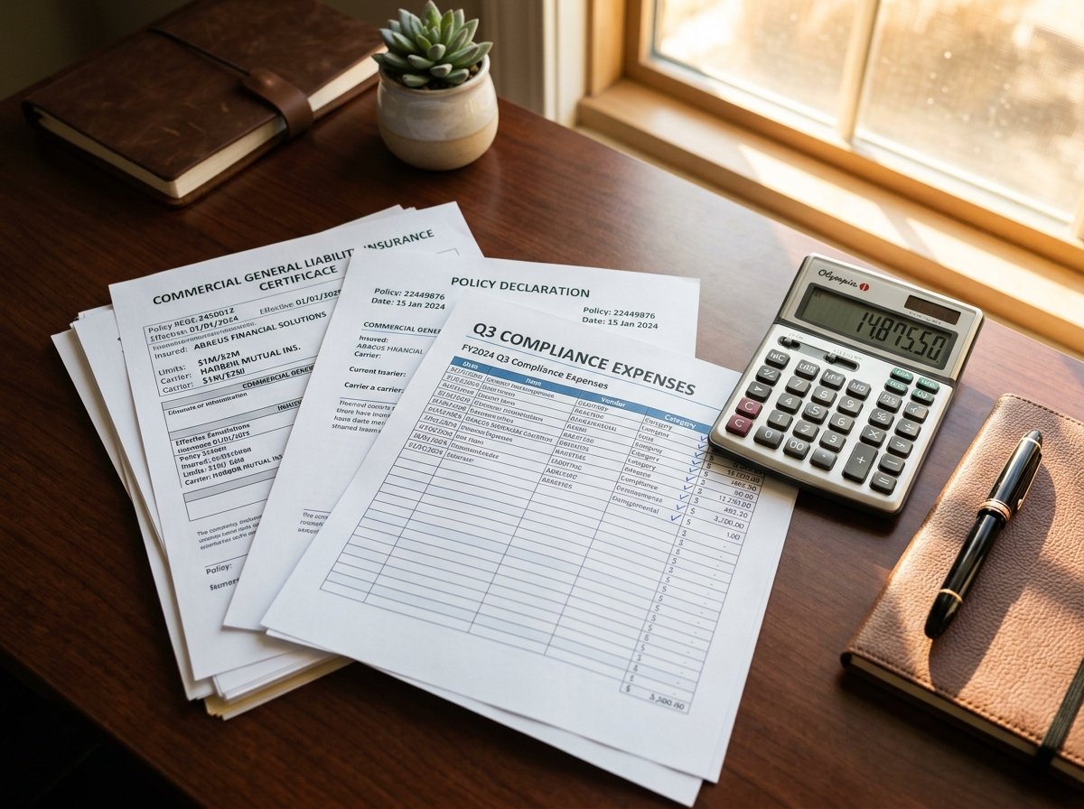 Close-up of business insurance policy declaration pages, expense worksheets, and calculator on an executive desk