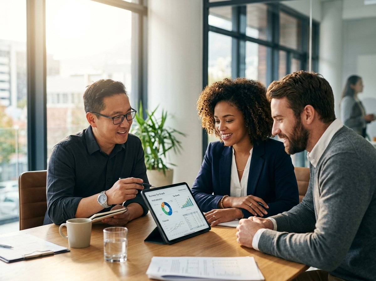 Certified public accountant and business partners reviewing business tax growth models and profit allocation charts in a conference room