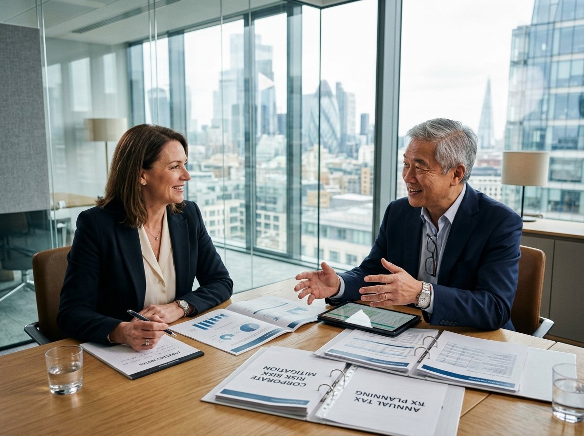 Corporate business owner and certified public accountant reviewing policy deductibility schedules and annual tax strategies