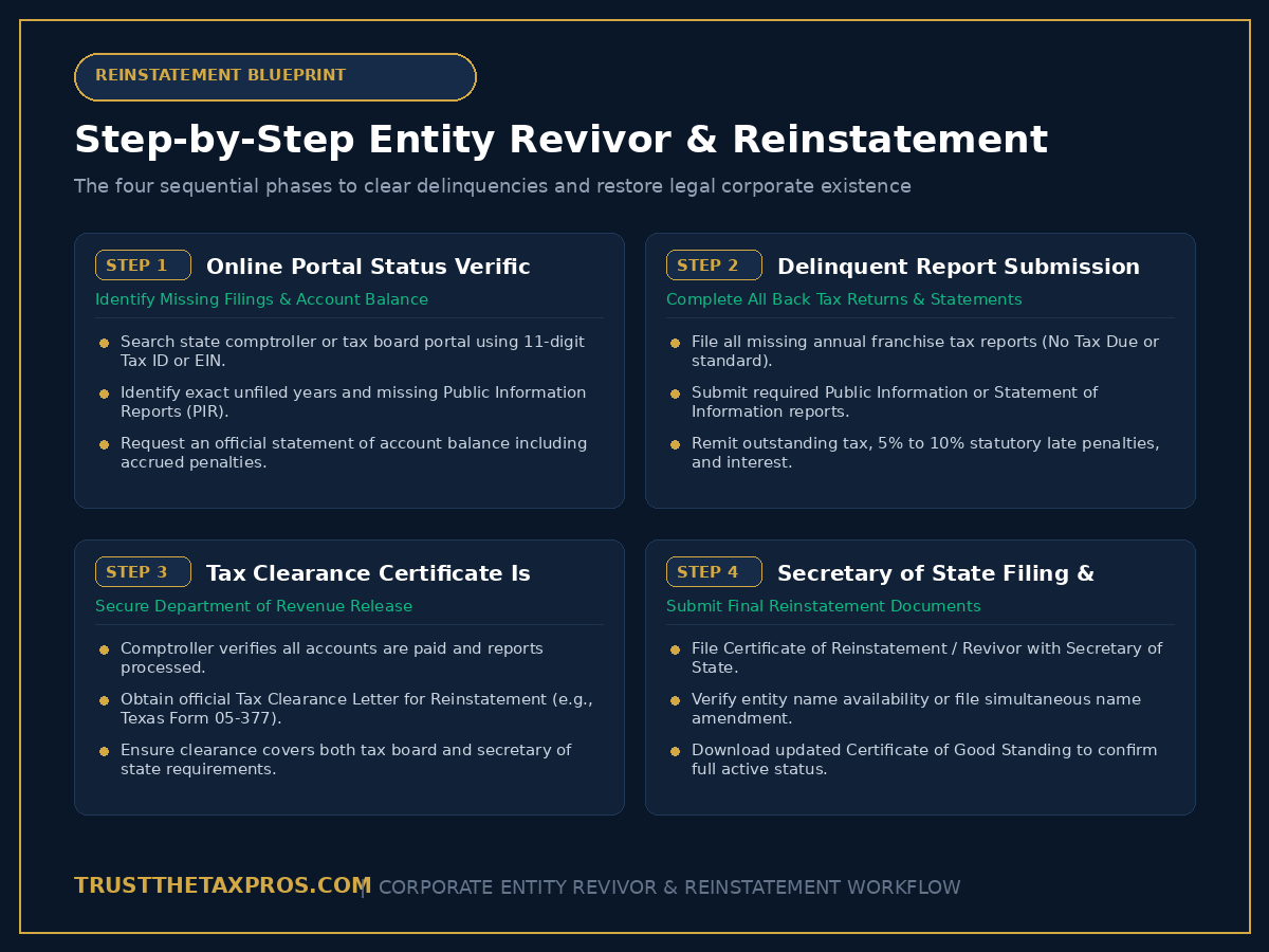 Four-phase corporate entity revivor workflow showing status search, delinquent tax report filing, tax clearance letters, and Secretary of State revival