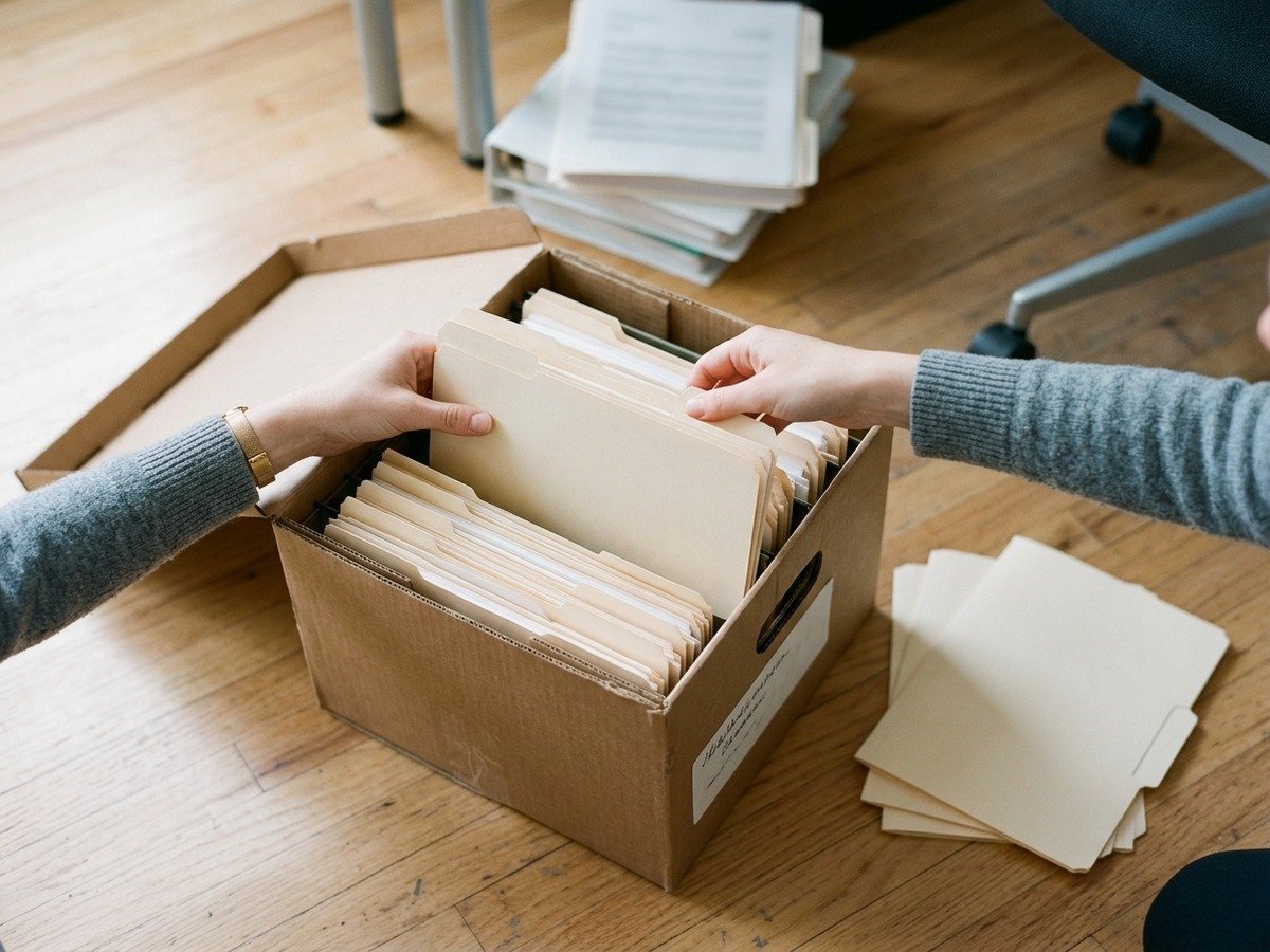 Hands filing tax records into a storage box after catching up on unfiled returns