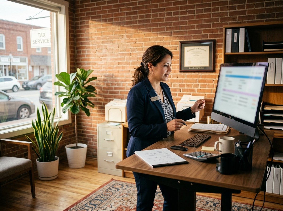 Enrolled agent reviewing an IRS penalty case file in a small tax office