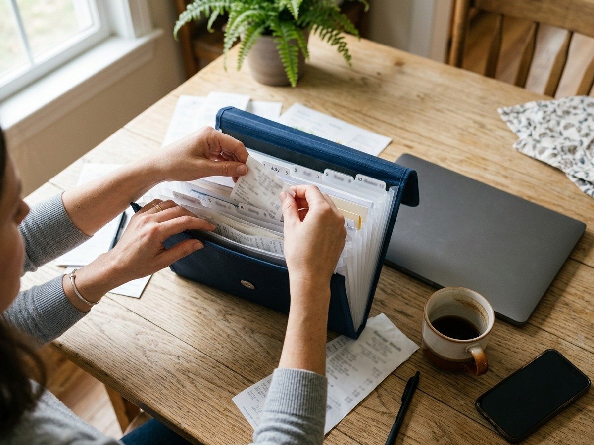 Hands organizing business receipts into a folder as records for self-employed deductions