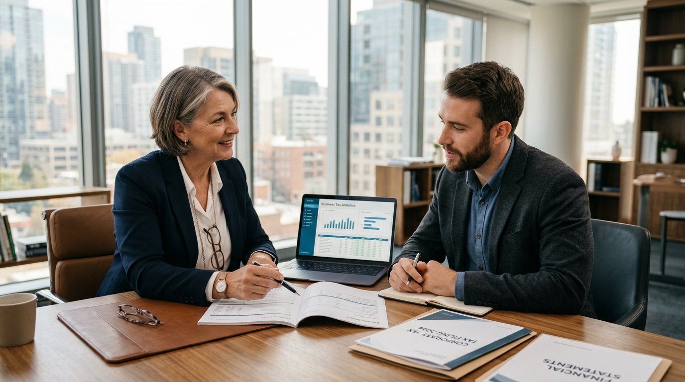 Distinguished senior CPA and small business founder reviewing corporate tax filing folders and balance sheets at an executive conference table