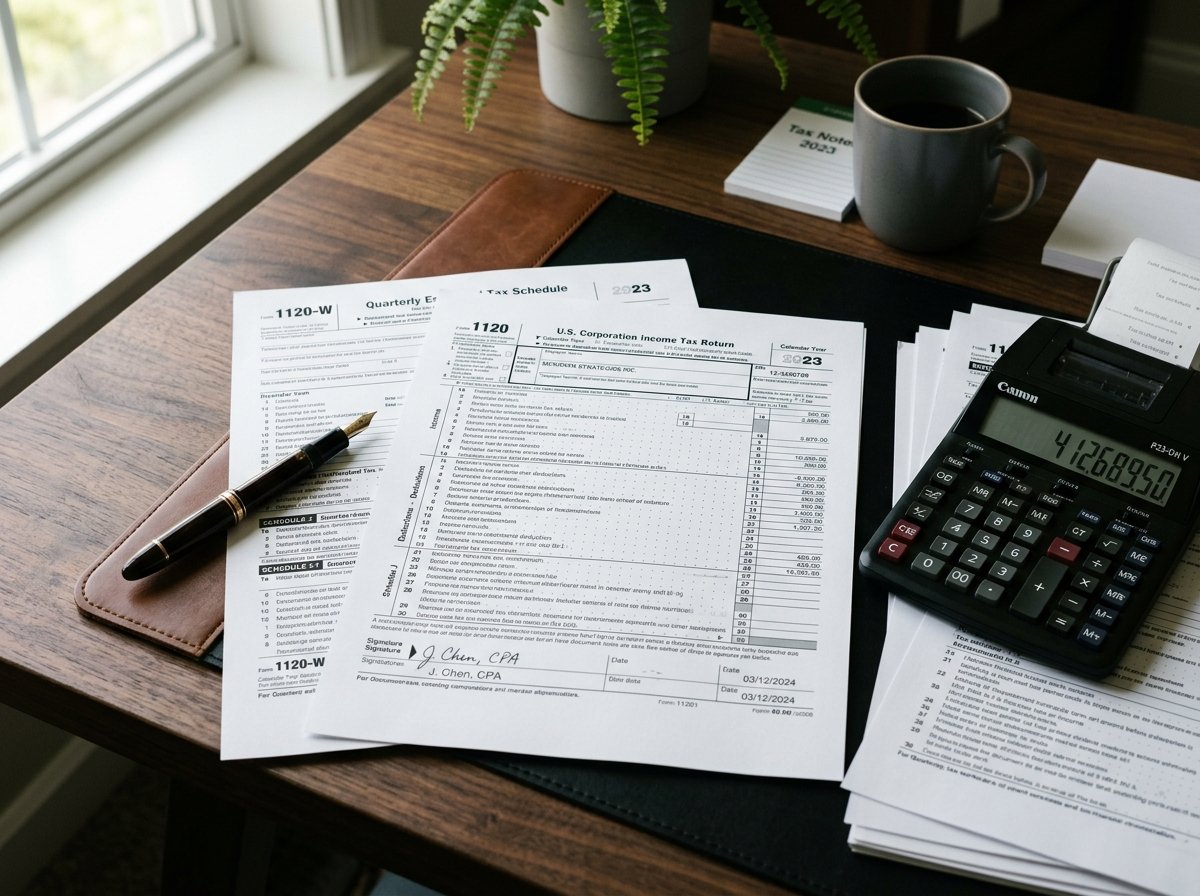 Close-up of corporate tax return forms, quarterly estimated tax schedules, fountain pen, and calculator on a dark walnut desk