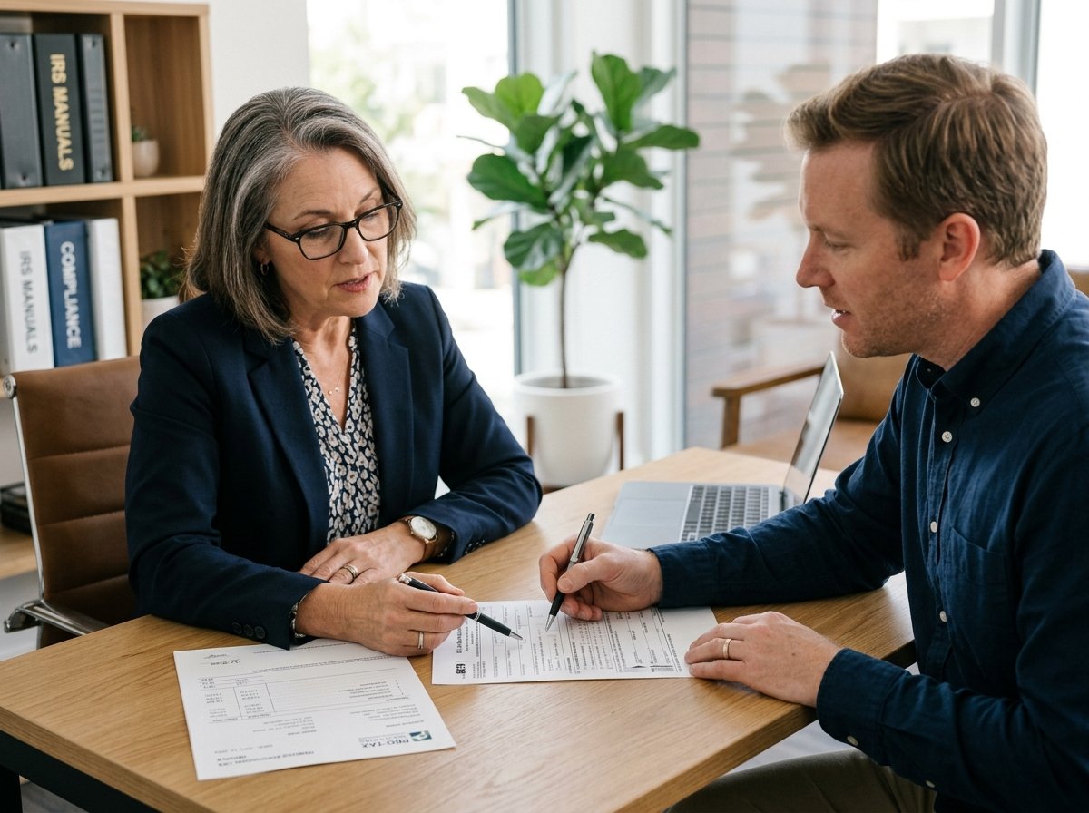 Experienced CPA and client reviewing IRS Form 8879 and an itemized professional fee invoice in an executive consultation office