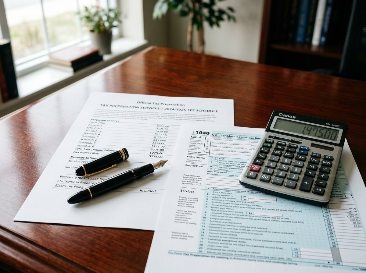 Close-up of an official tax preparation fee schedule, Form 1040 document, fountain pen, and calculator on a mahogany desk