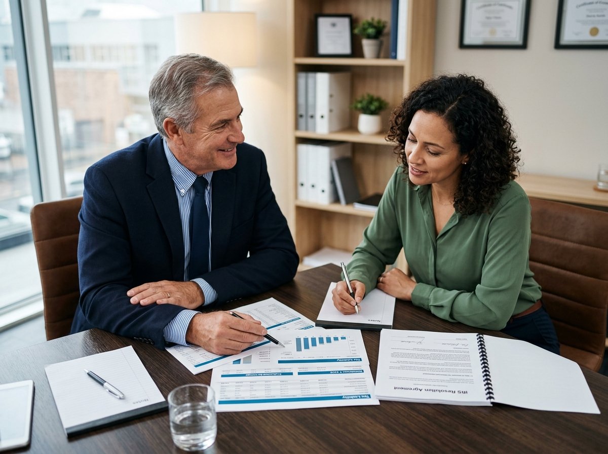 Senior tax consultant and taxpayer in a professional conference room reviewing financial spreadsheets and an IRS resolution agreement
