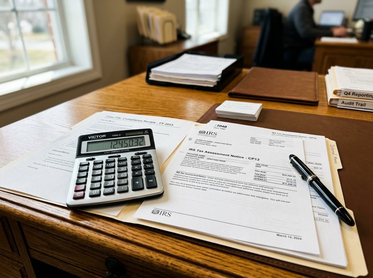 Close-up of IRS tax assessment notices, calculator, and compliance case files on an executive desk