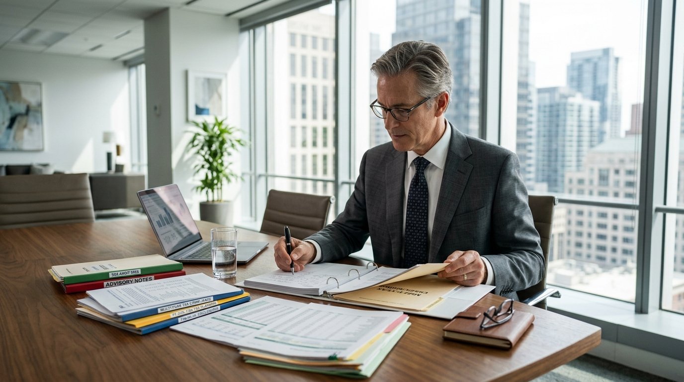 Senior tax advisor reviewing multi-year tax compliance folders and financial documents at an executive conference table